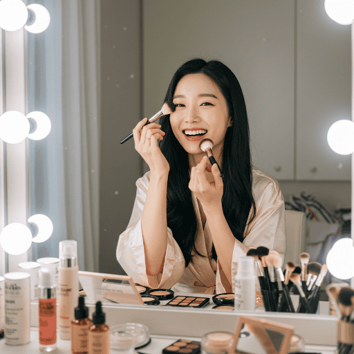 Happy Korean women doing her make up with korean beauty products